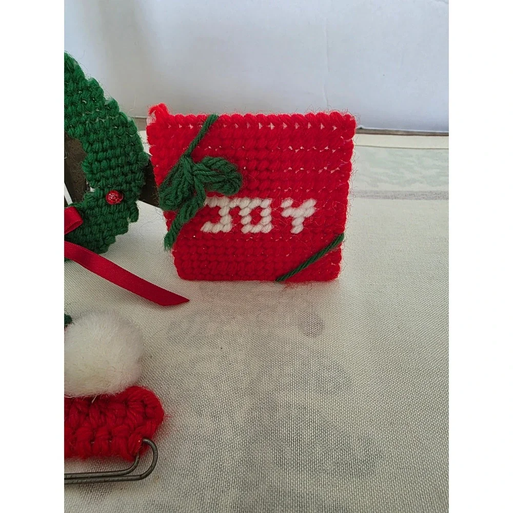 Vintage Christmas Ornaments Handmade Needlepoint Wreath Candy Cane Ice Skates‎